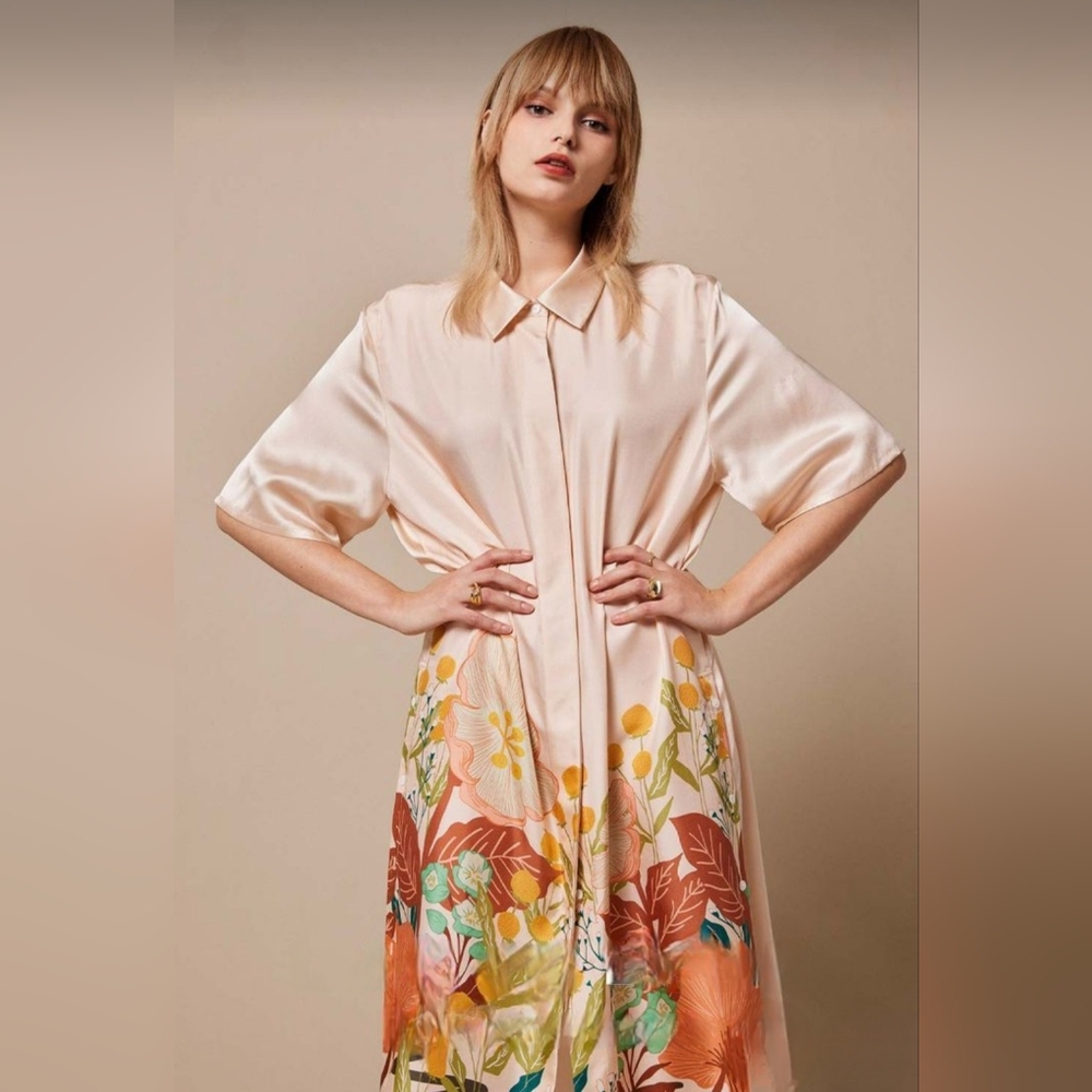 LATTELIER Floral Print Silk Short Sleeve Shirt Dress M